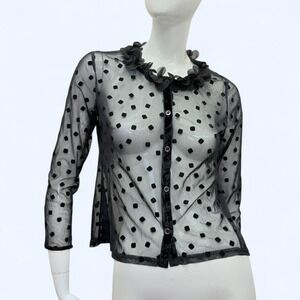 Vintage Japanese Sheer Mesh Cardigan Flocked Dot‎ Coquette Womens 38